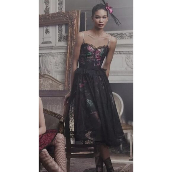 Marchesa Pink Floral Dress w Black Lace Overlay Size 2 Cocktail Victoriana Prom - Picture 1 of 13